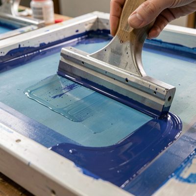 a screen printing squeegee pulling ink across a screen