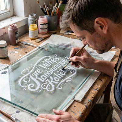 a hand lettering sign painter working on glass