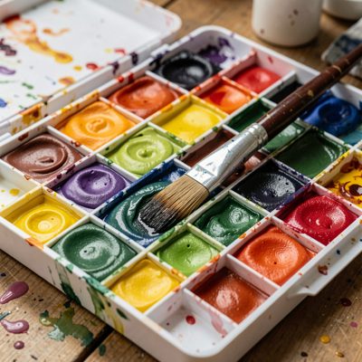 a tray of watercolour pans with a wet brush