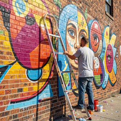 a mural being painted on a brick wall
