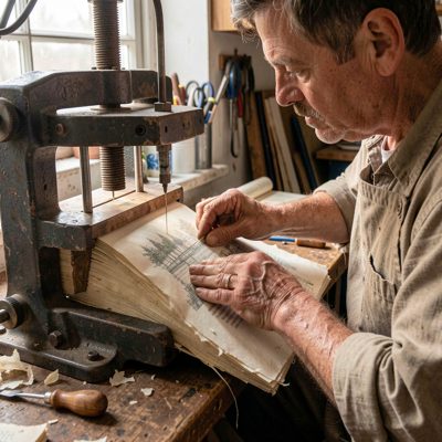 a bookbinder stitching pages in a press