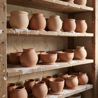 a ceramics shelf with unglazed pots drying
