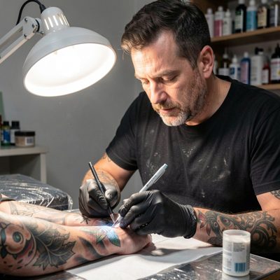 a tattoo artist working under a bright lamp