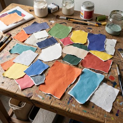 a collage of torn paper on a studio table