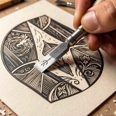 a linocut being carved with a v gouge