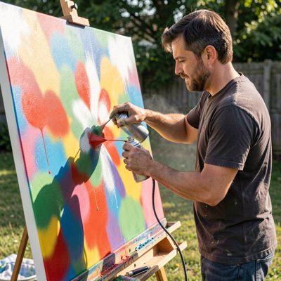 a person spray painting a canvas outdoors