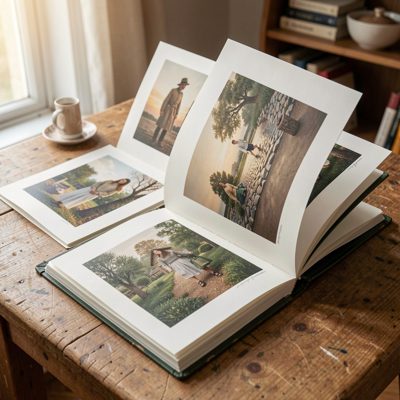a portfolio of prints being leafed through