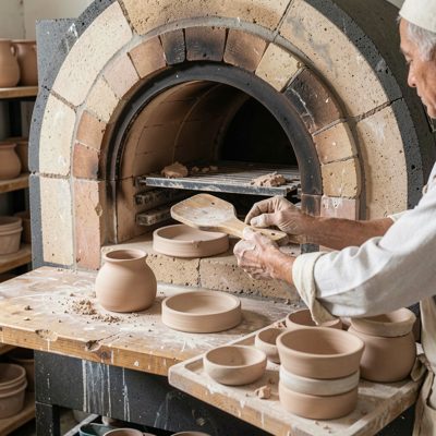 a kiln being loaded with bisque ware