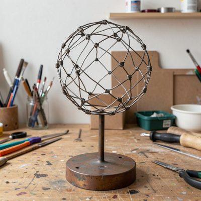 a wire sculpture in progress on a stand