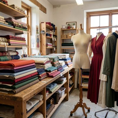 a costume workshop with fabric bolts and a mannequin