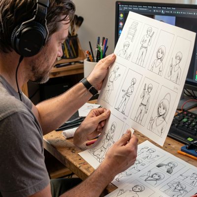 an animator flipping through drawn frames