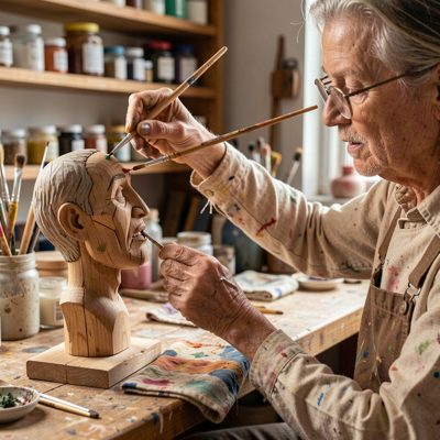 a puppet maker painting a wooden head