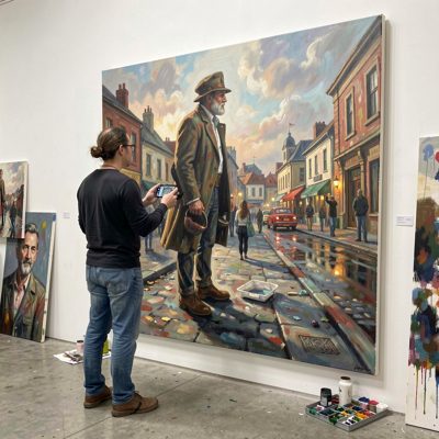 an artist standing back to assess a large canvas