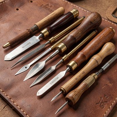 a set of carving tools laid out on leather