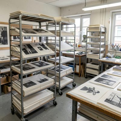 a printmaking studio with drying racks full of prints