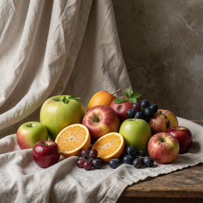 a still life arrangement of fruit and drapery