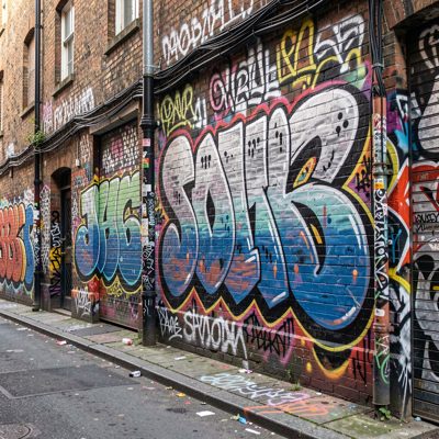 a graffiti wall in an alley with layered tags