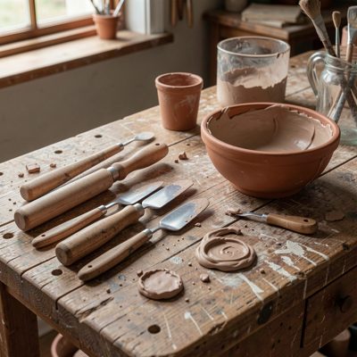 a workbench with clay tools and a bowl of slip