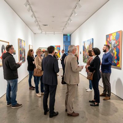 an art gallery opening with people viewing work