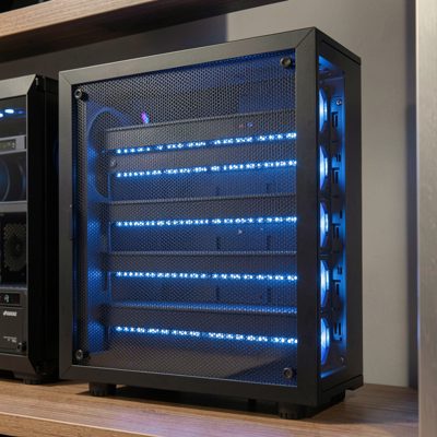 a rack with a perforated glass front door showing blue lights
