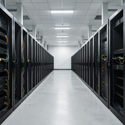 a data centre hall with long rows of identical racks