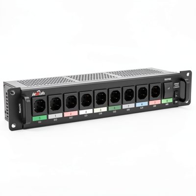 a horizontal rack pdu with eight outlets in use