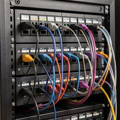 the rear of a rack with power cords dressed to the pdus