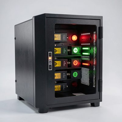 a ups cabinet with battery status indicators lit