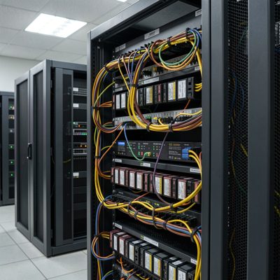 a battery string racked in a ups room