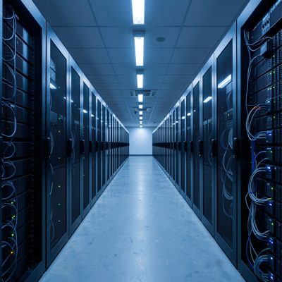 a data centre aisle lit cold blue at night