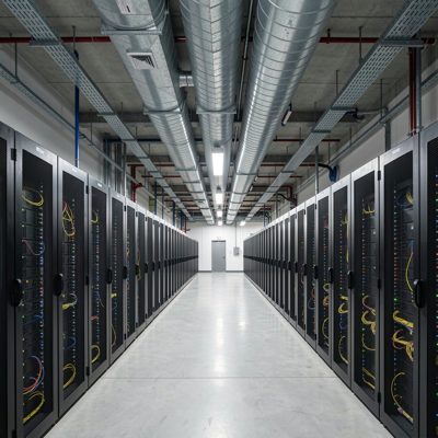 a data centre corridor with cooling ducts overhead