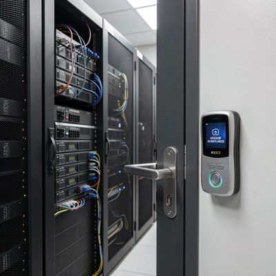 a data centre door with an access card reader beside it