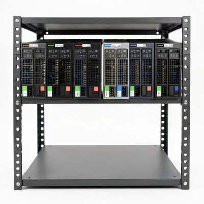 a rack with four 1u servers and empty space below them