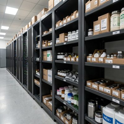 a spare parts shelf beside a data centre aisle