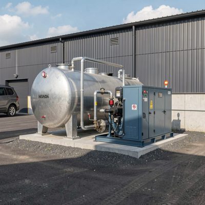 a fuel tank and generator pad behind a facility