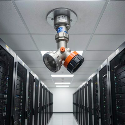 a fire suppression nozzle in a data centre ceiling