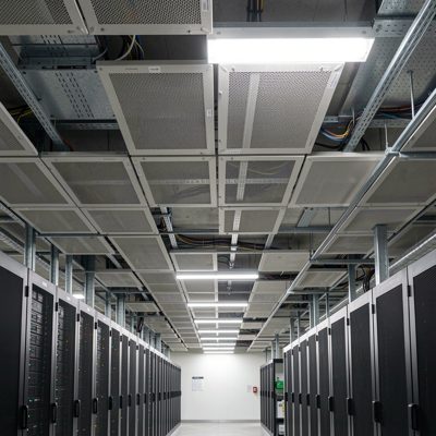 a data centre ceiling with containment panels fitted