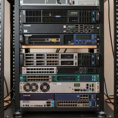 a rack holding a mix of servers and network gear