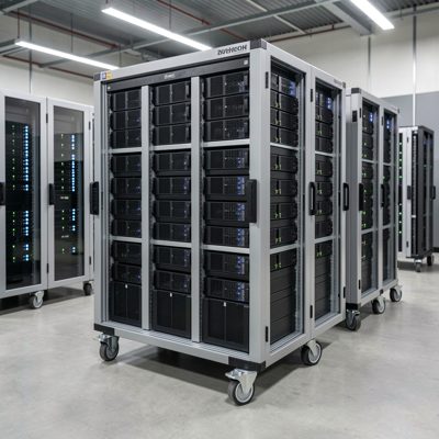 a trolley of servers waiting to be racked