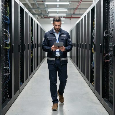 a data centre operator walking an aisle with a tablet