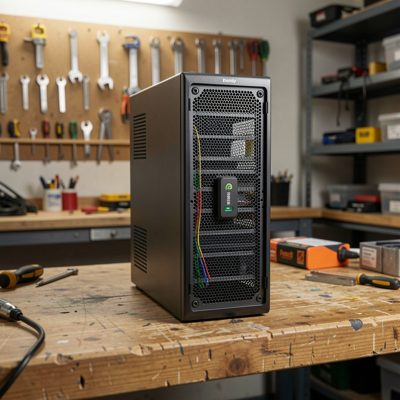 a single 1u server standing alone on a workbench