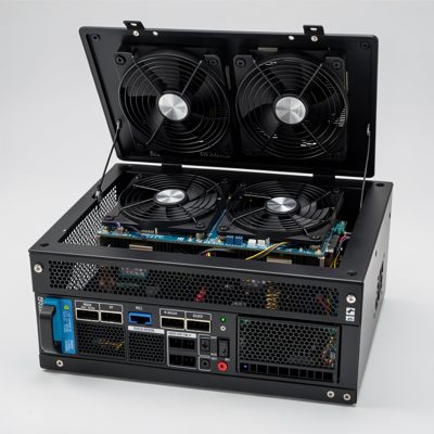 a 2u server with the lid off showing dual cpu heatsinks