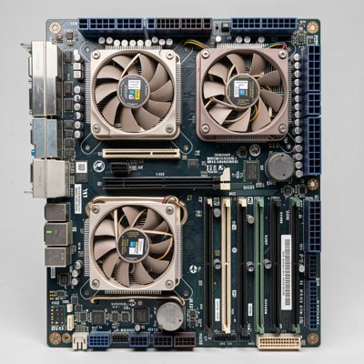 a server motherboard with two cpus and many ram slots
