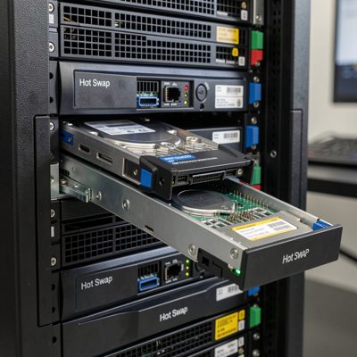 hot swap drive caddies being pulled from a server