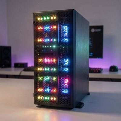 a single server lit by the glow of its status leds