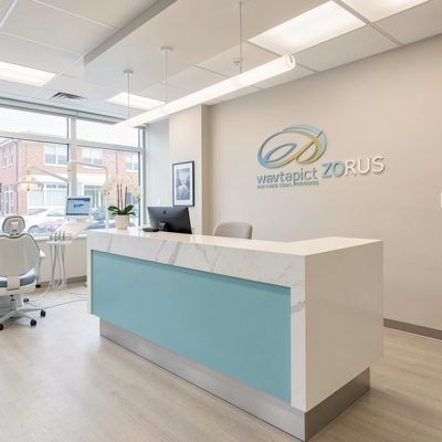 a dental practice reception with a bright counter
