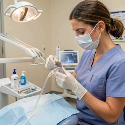 a dental nurse preparing a suction tube