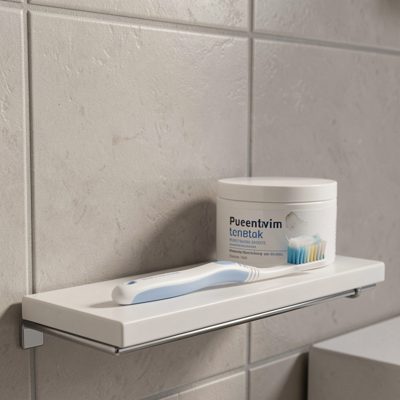 a toothbrush and paste on a bathroom shelf