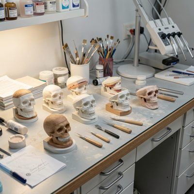 a dental laboratory bench with plaster models