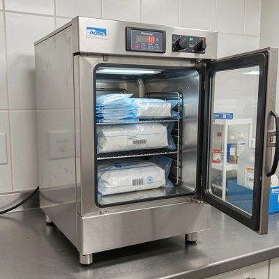 an autoclave with sterilised pouches